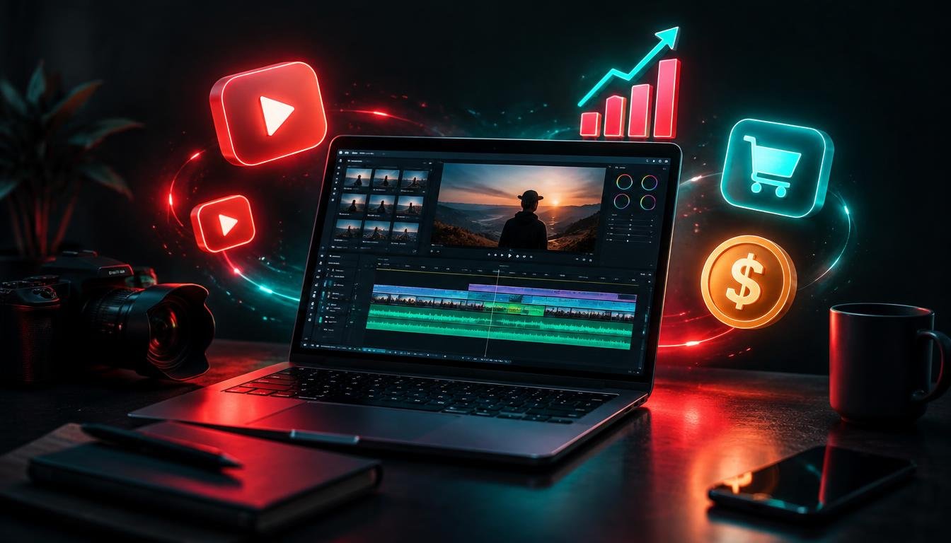 A laptop with a video editing timeline surrounded by play button, growth chart and earnings icons