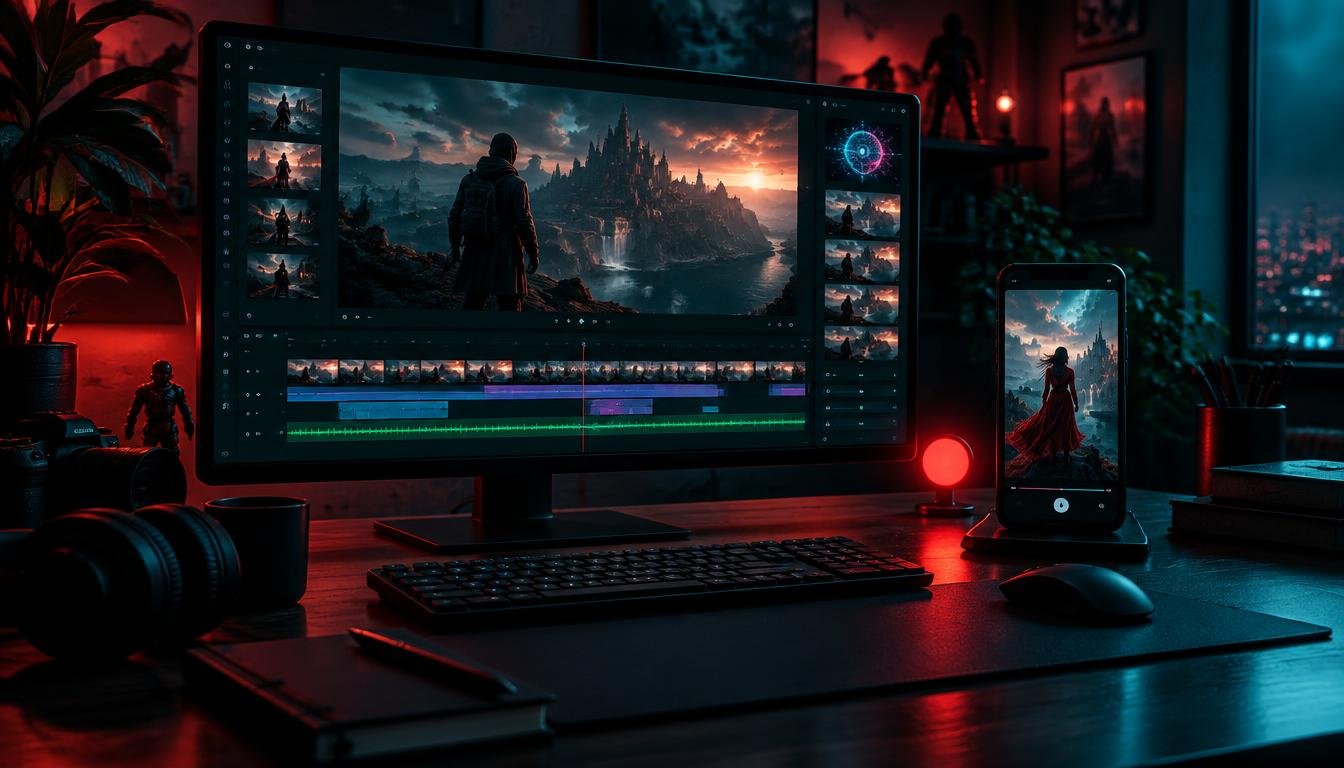 A creator's desk with an AI video studio timeline on the monitor and a vertical AI video on a phone